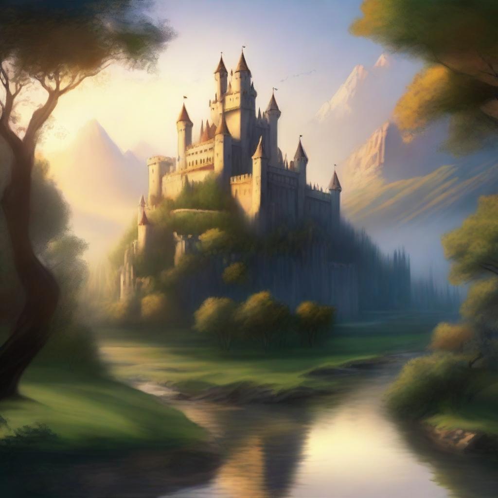 A distant royal castle perched on a hill, surrounded by lush forests and a winding river