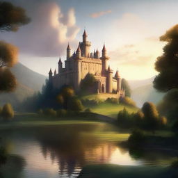 A distant royal castle perched on a hill, surrounded by lush forests and a winding river