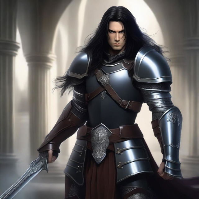 A human arc warrior with long black hair and black eyes, clad in leather armor