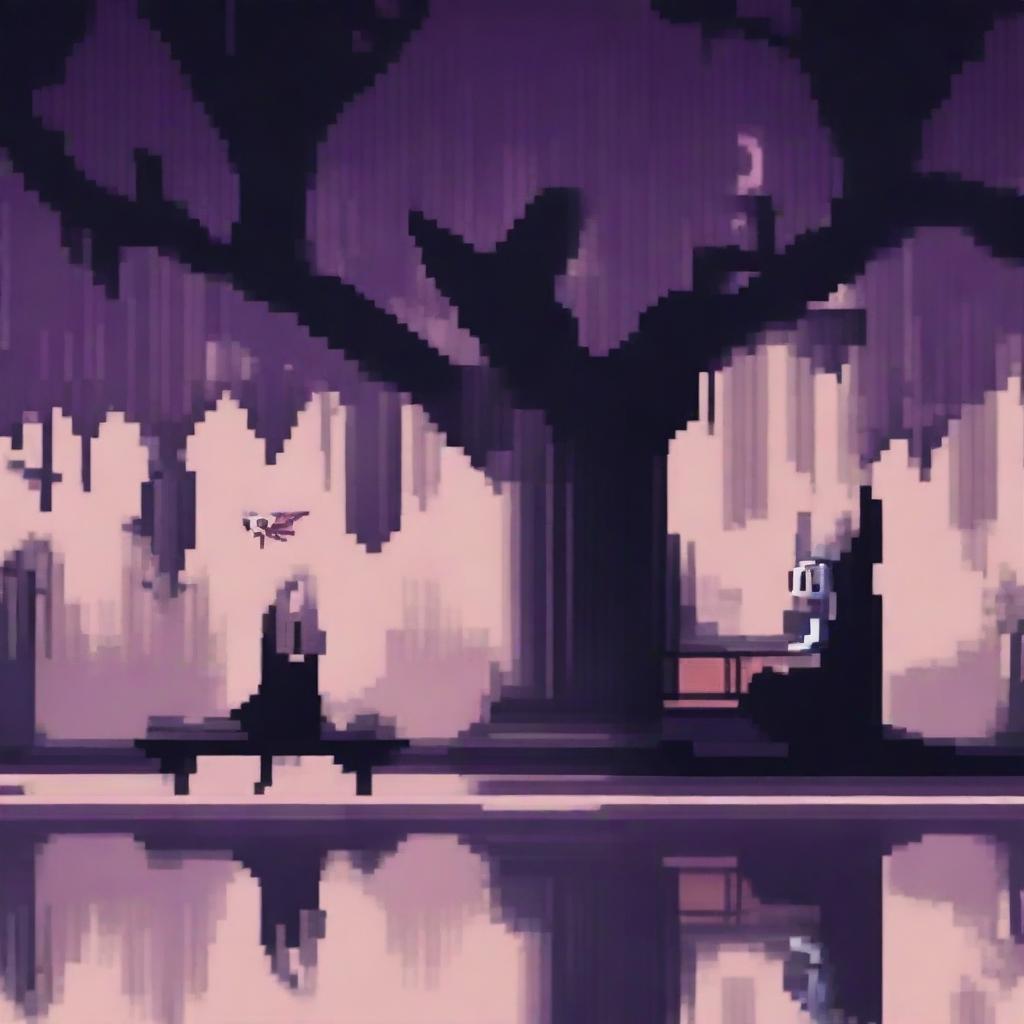 A pixel art scene featuring a character from Hollow Knight sitting on a bench with Quirrell in a pisher