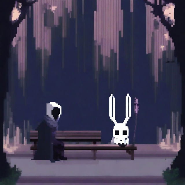 A pixel art scene featuring a character from Hollow Knight sitting on a bench with Quirrell in a pisher