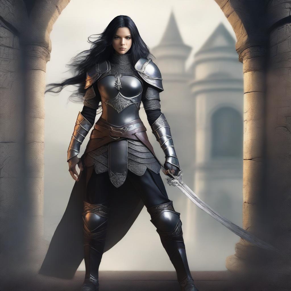 A human arc warrior with long black hair and black eyes, clad in leather armor and equipped with a bow