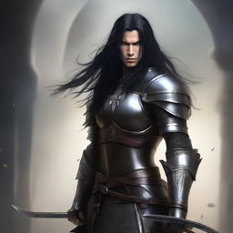 A human arc warrior with long black hair and black eyes, clad in leather armor and equipped with a bow