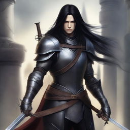 A human arc warrior with long black hair and black eyes, clad in leather armor and equipped with a bow