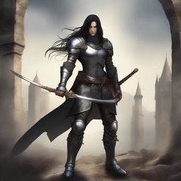 A human arc warrior with long black hair and black eyes, clad in leather armor and equipped with a bow