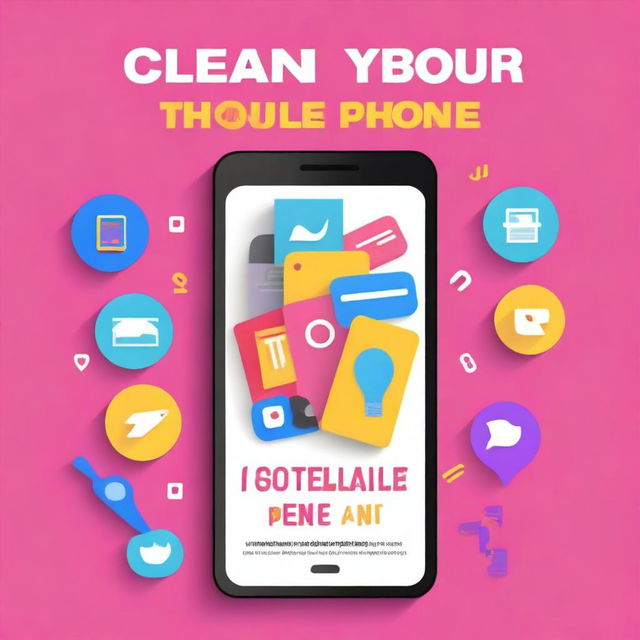 Create a book cover titled 'CLEAN YOUR PHONE' with the subtitle '18 POWERFUL TIPS TO INSTANTLY FREE UP SPACE AND SPEED UP YOUR PHONE'