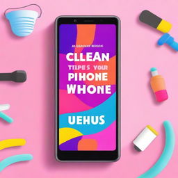 Create a book cover titled 'CLEAN YOUR PHONE' with the subtitle '18 POWERFUL TIPS TO INSTANTLY FREE UP SPACE AND SPEED UP YOUR PHONE'