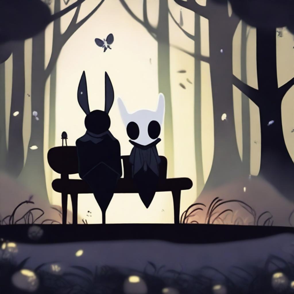A character from Hollow Knight is sitting on a bench with Quirrell in a pisher, surrounded by fireflies flying nearby