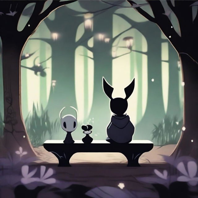 A character from Hollow Knight is sitting on a bench with Quirrell in a pisher, surrounded by fireflies flying nearby