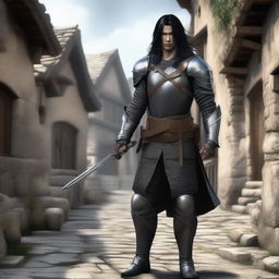 A human arc warrior with long black hair and black eyes, clad in light leather armor and equipped with a bow