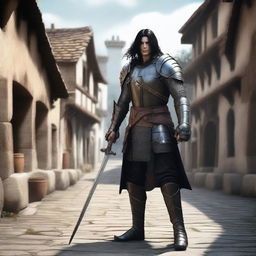 A human arc warrior with long black hair and black eyes, clad in light leather armor and equipped with a bow