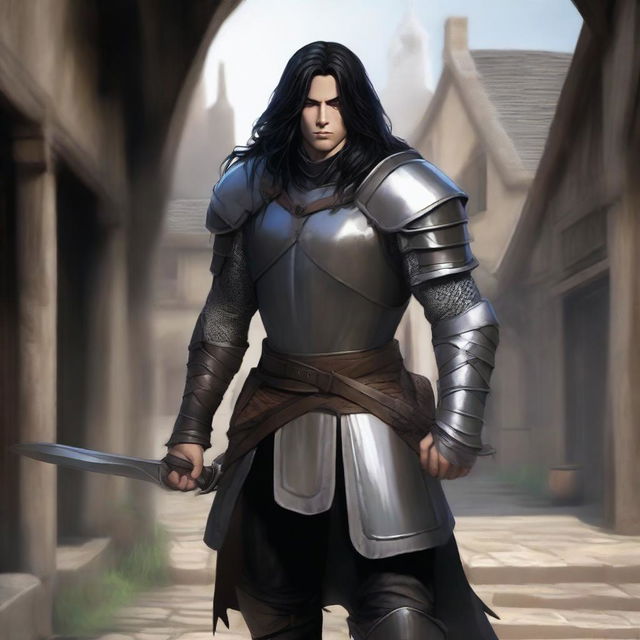 A human arc warrior with long black hair and black eyes, clad in light leather armor and equipped with a bow