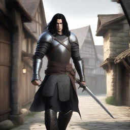 A human arc warrior with long black hair and black eyes, clad in light leather armor and equipped with a bow