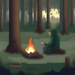 Create an image in pixel art style featuring a stalker sitting near a campfire with a forest background