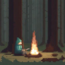 Create an image in pixel art style featuring a stalker sitting near a campfire with a forest background