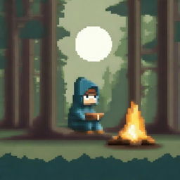 Create an image in pixel art style featuring a stalker sitting near a campfire with a forest background