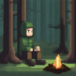 Create an image in pixel art style featuring a stalker sitting near a campfire with a forest background