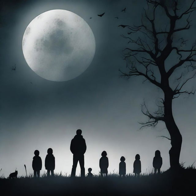 A suspense and horror book cover featuring the shadow of a man with his back turned, observing the moon