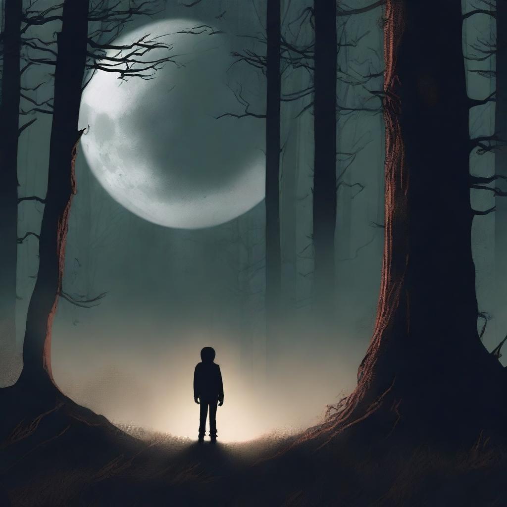 A book cover for a horror novel featuring a man observing the moon in a dark forest