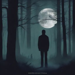 A book cover for a horror novel featuring a man observing the moon in a dark forest