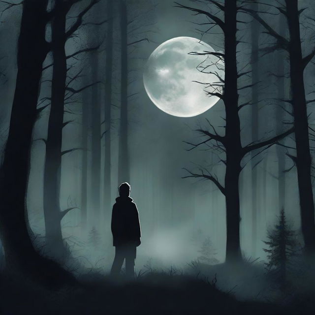 A book cover for a horror novel featuring a man observing the moon in a dark forest