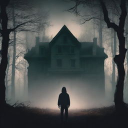 A horror book cover featuring a robust man standing in front of a dark, eerie house in the forest, with his back facing the viewer