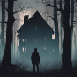 A horror book cover featuring a robust man standing in front of a dark, eerie house in the forest, with his back facing the viewer