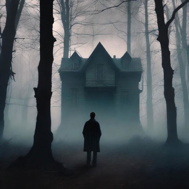 A horror book cover featuring a robust man standing in front of a dark, eerie house in the forest, with his back facing the viewer