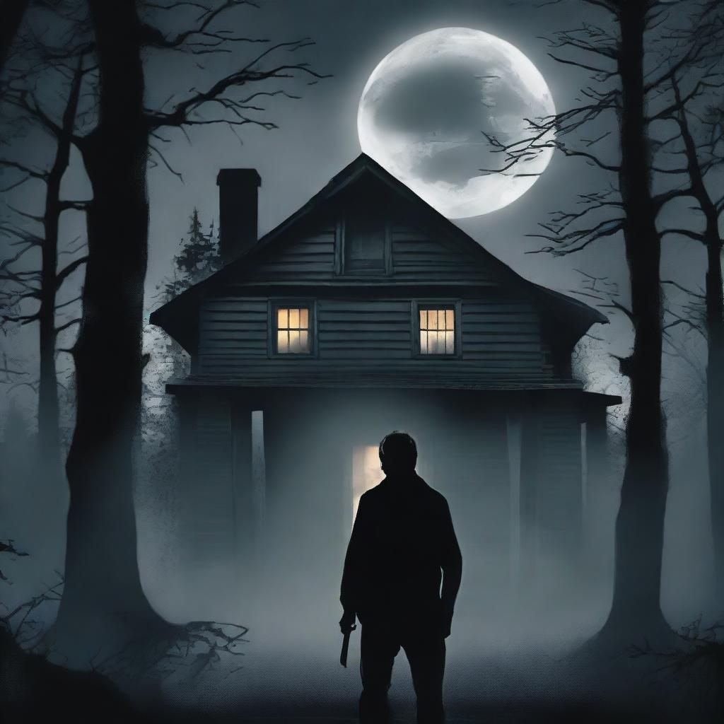 A book cover for a horror story featuring a robust man standing in front of a dark, eerie house with the moon shining behind it in a dense forest