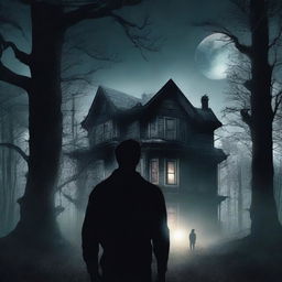 A book cover for a horror story featuring a robust man standing in front of a dark, eerie house with the moon shining behind it in a dense forest