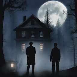 A book cover for a horror story featuring a robust man standing in front of a dark, eerie house with the moon shining behind it in a dense forest