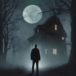 A book cover for a horror story featuring a robust man standing in front of a dark, eerie house with the moon shining behind it in a dense forest