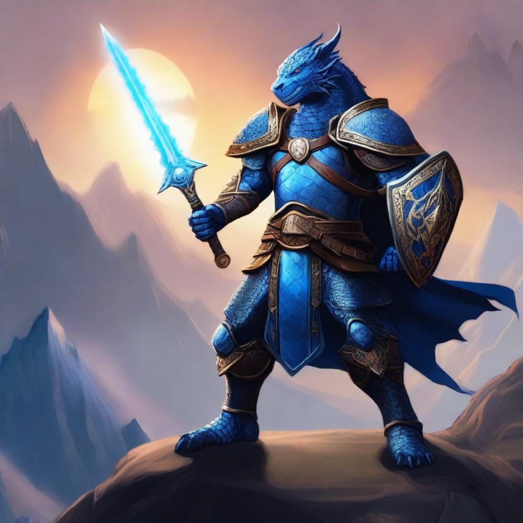 A majestic blue Dragonborn paladin clad in shining armor, wielding a glowing sword and shield