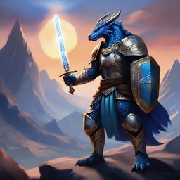 A majestic blue Dragonborn paladin clad in shining armor, wielding a glowing sword and shield