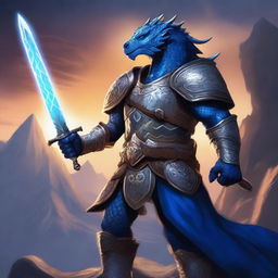 A majestic blue Dragonborn paladin clad in shining armor, wielding a glowing sword and shield