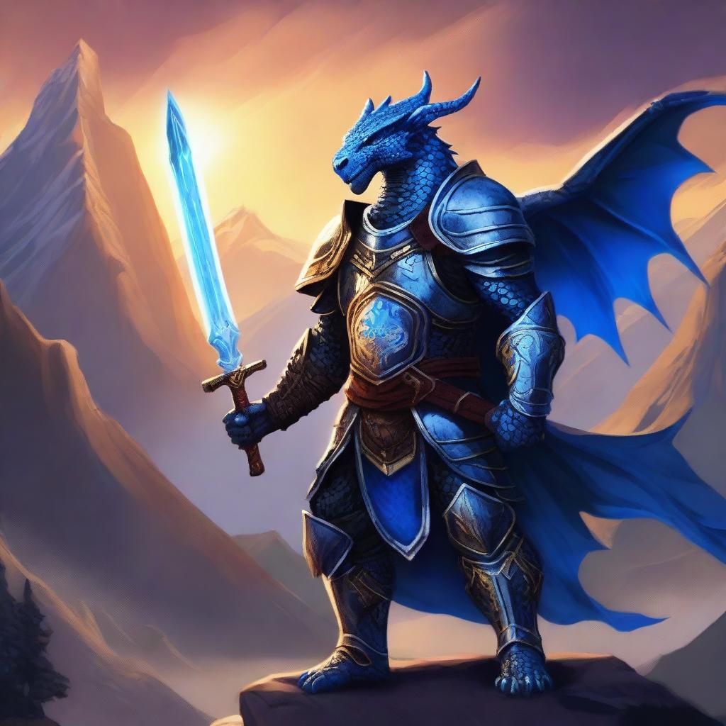 A majestic blue Dragonborn paladin clad in shining armor, wielding a glowing sword and shield