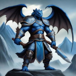 A fierce Blue Dragonborn warrior wielding a massive warhammer, standing in a battle-ready pose