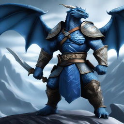 A fierce Blue Dragonborn warrior wielding a massive warhammer, standing in a battle-ready pose