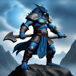 A fierce Blue Dragonborn warrior wielding a massive warhammer, standing in a battle-ready pose