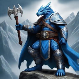 A fierce Blue Dragonborn warrior wielding a massive warhammer, standing in a battle-ready pose