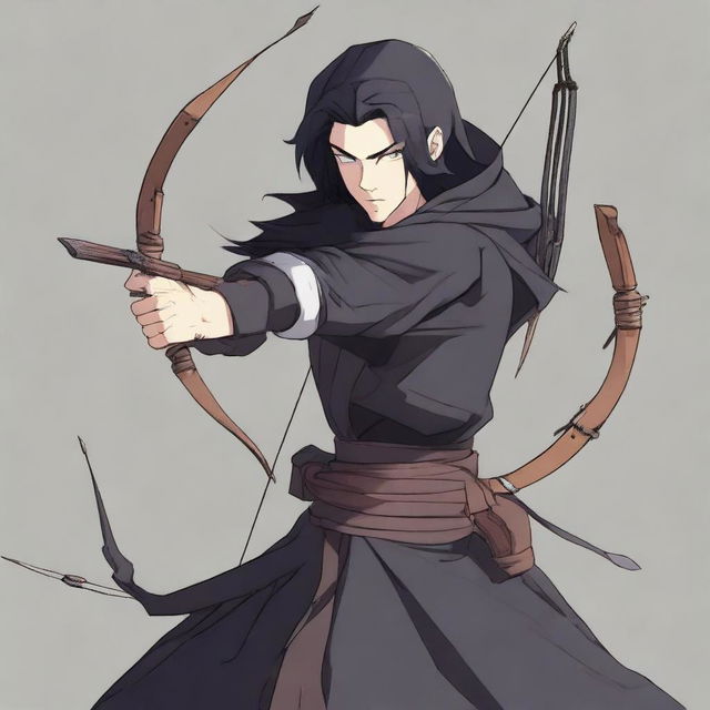 An anime-style animated human man with a longbow and arrows