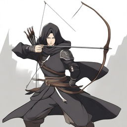 An anime-style animated human man with a longbow and arrows