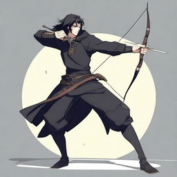 An anime-style animated human man with a longbow and arrows