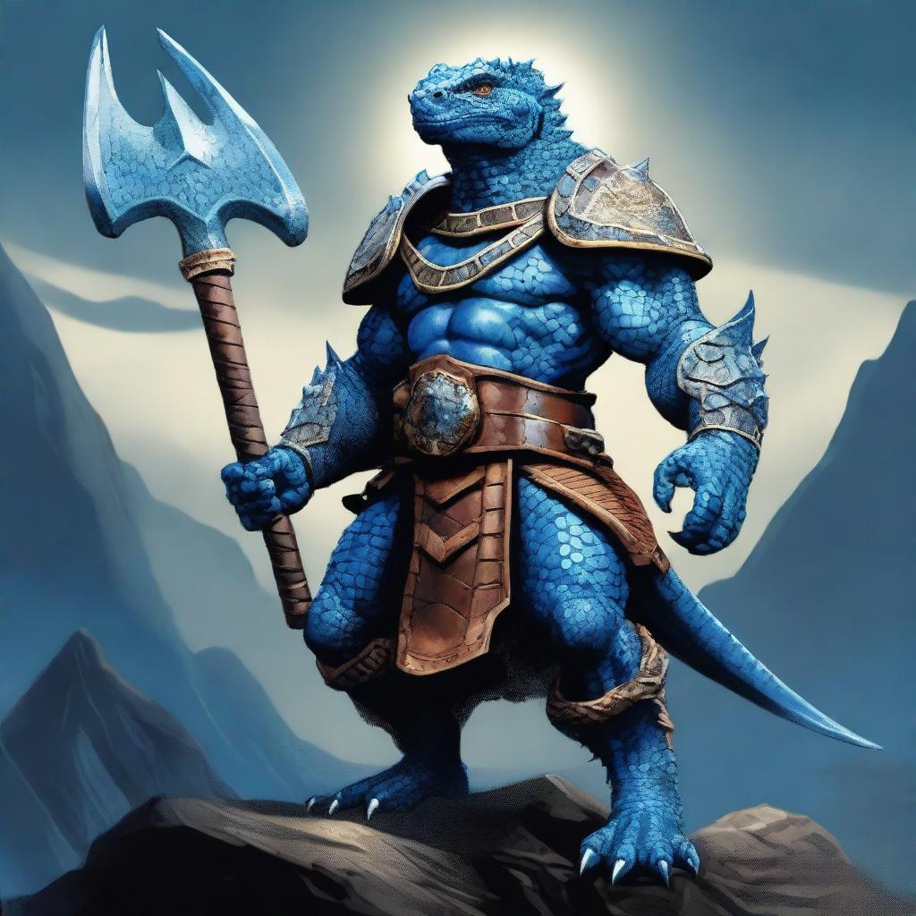 A blue lizardman warrior holding a massive warhammer, standing in a battle-ready pose