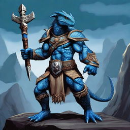 A blue lizardman warrior holding a massive warhammer, standing in a battle-ready pose