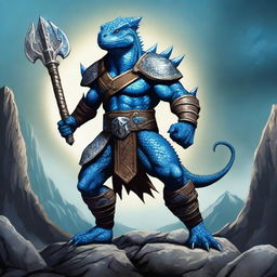 A blue lizardman warrior holding a massive warhammer, standing in a battle-ready pose