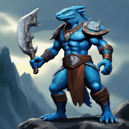 A blue lizardman warrior holding a massive warhammer, standing in a battle-ready pose