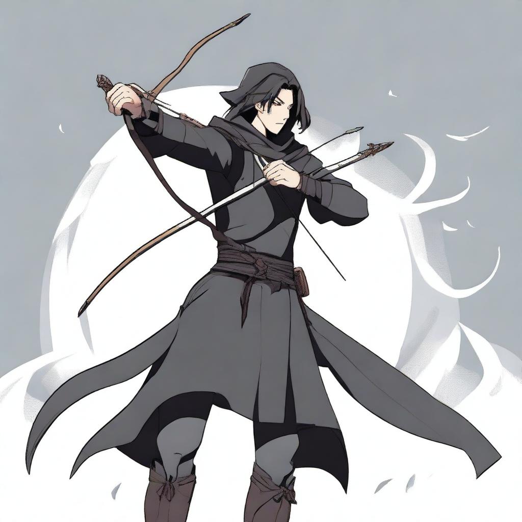 An anime-style animated human man with a longbow and arrows