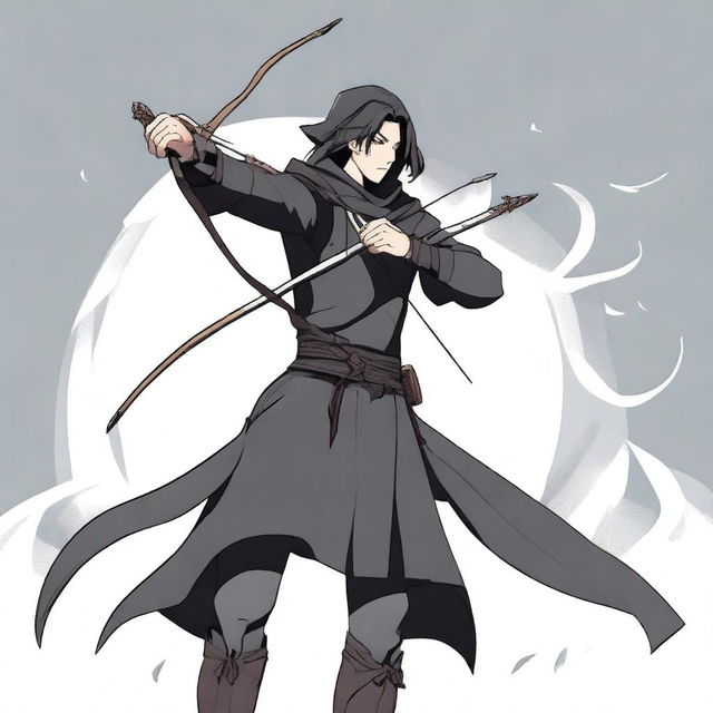 An anime-style animated human man with a longbow and arrows