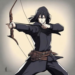 An anime-style animated human man with a longbow and arrows